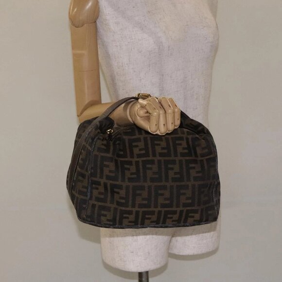 FENDI Zucca Canvas Vanity Pouch Black Brown gold Auth 131366 - Picture 1 of 16